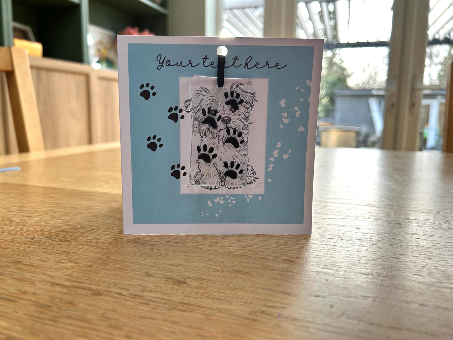 Small dog greetings card with glass ornament