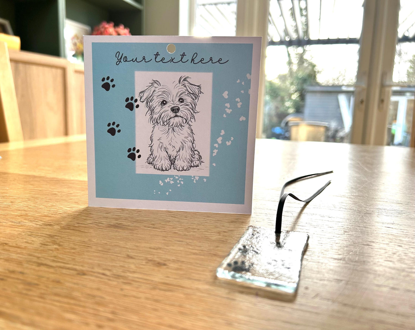 Small dog greetings card with glass ornament