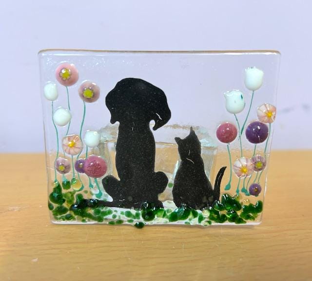 Fused Glass dog and cat Tealight Holder – Handmade Floral Candle Gift – Ideal for Christmas & Birthdays