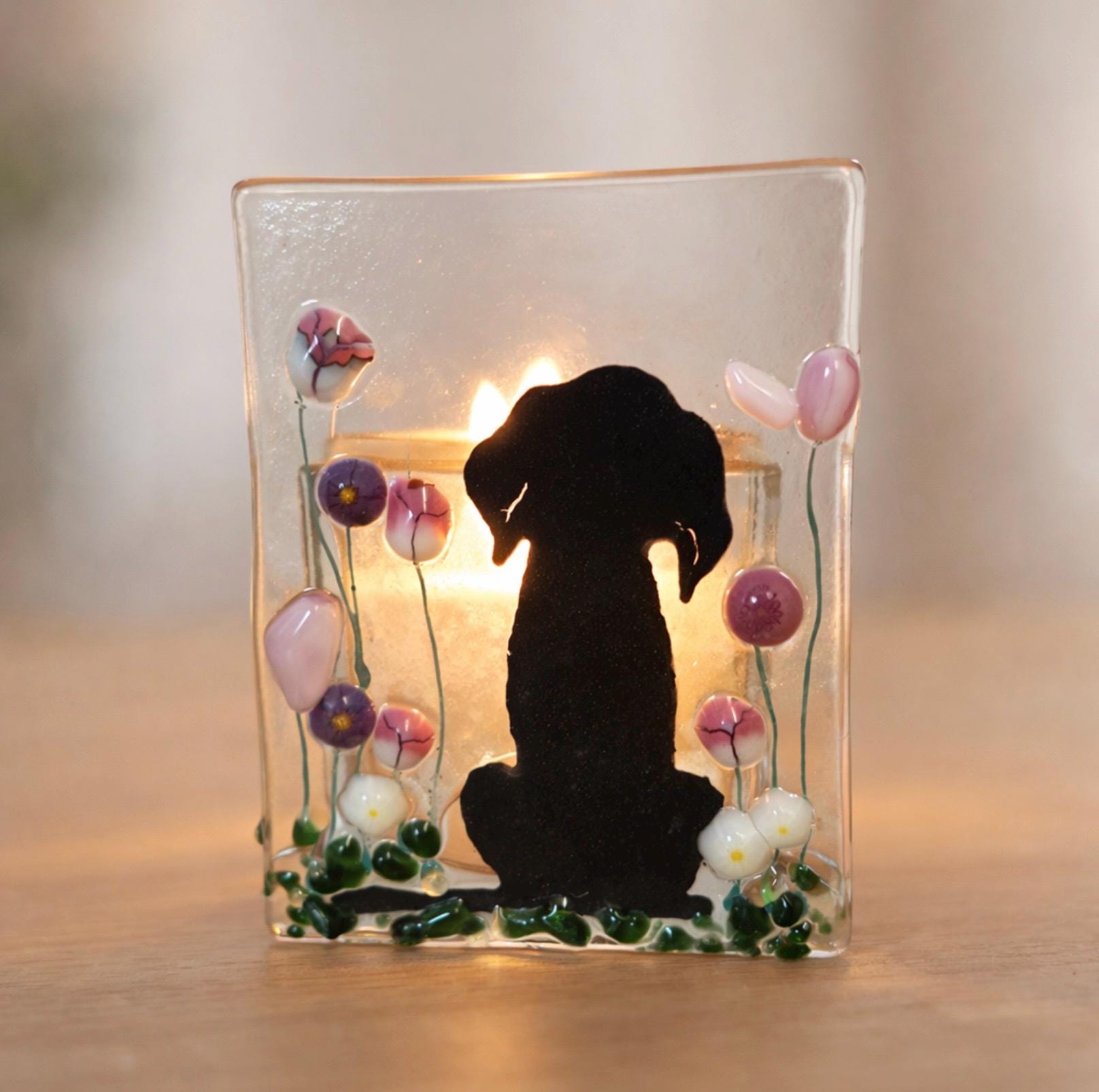 Fused Glass dog Tealight Holder – Handmade Floral Candle Gift – Ideal for Christmas & Birthdays