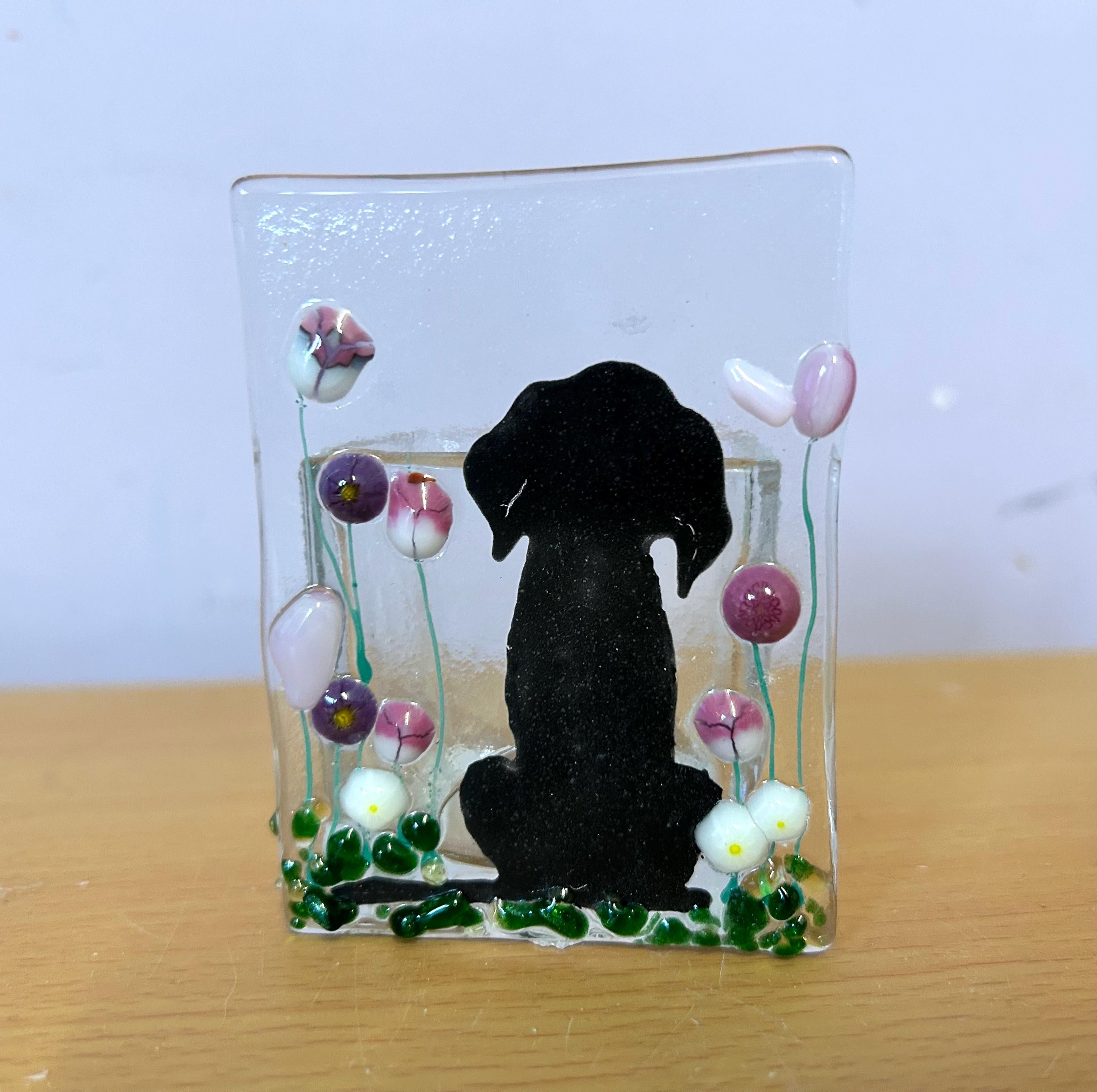 Fused Glass dog Tealight Holder – Handmade Floral Candle Gift – Ideal for Christmas & Birthdays