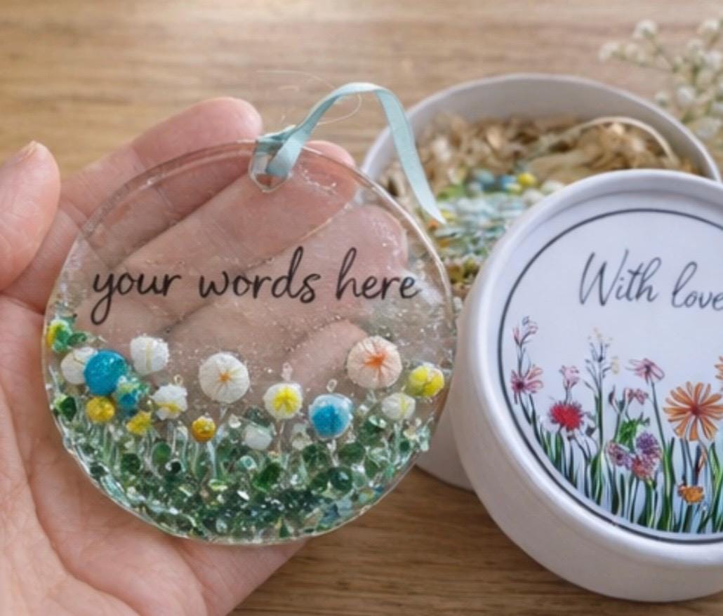Personalised fused glass flower hanging, custom message glass keepsake, birthday, nanny, mum gift, handmade floral suncatcher