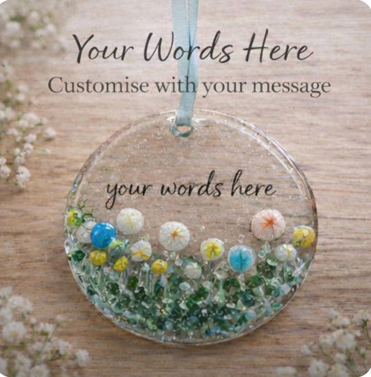 Personalised fused glass flower hanging, custom message glass keepsake, birthday, nanny, mum gift, handmade floral suncatcher