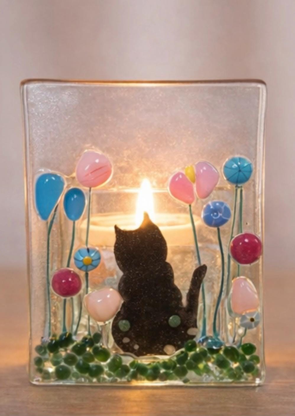 Cat Tealight Holder – Handmade Fused glass cat candle – Floral cat lover gift