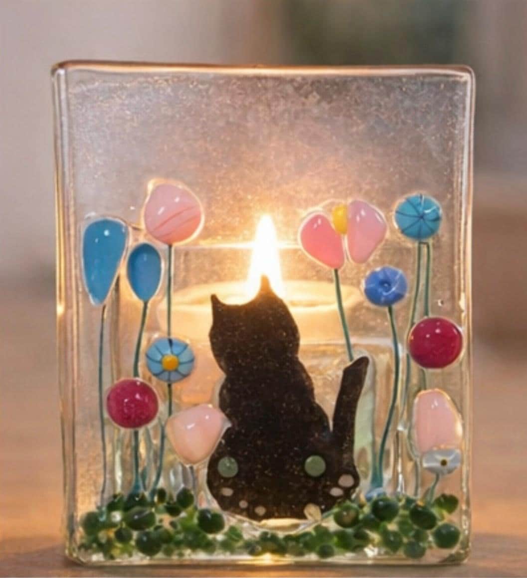 Cat Tealight Holder – Handmade Fused glass cat candle – Floral cat lover gift