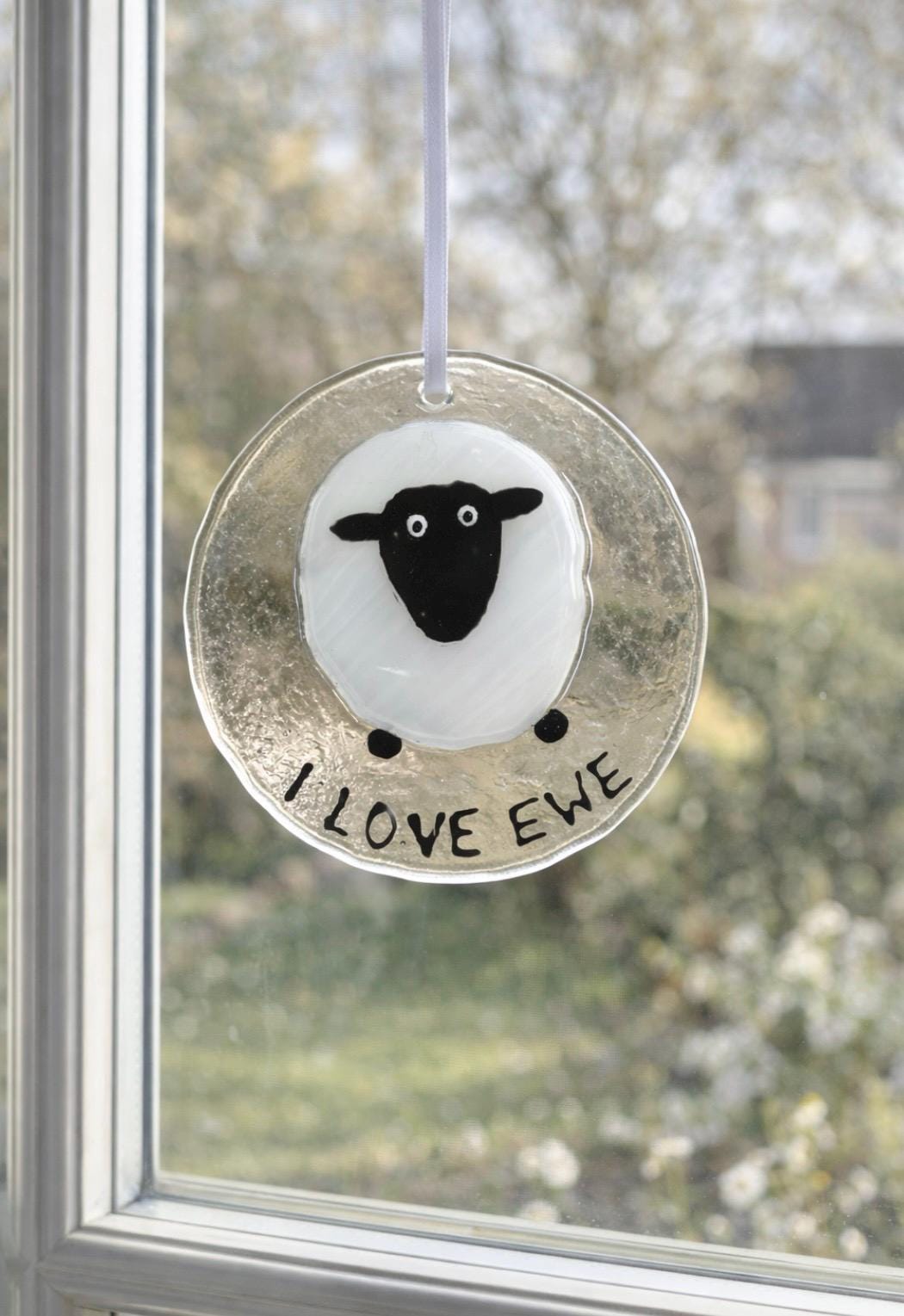 Fused Glass “I Love Ewe” Sheep Suncatcher – Handmade Gift