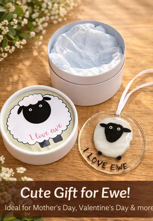 Fused Glass “I Love Ewe” Sheep Suncatcher – Handmade Gift