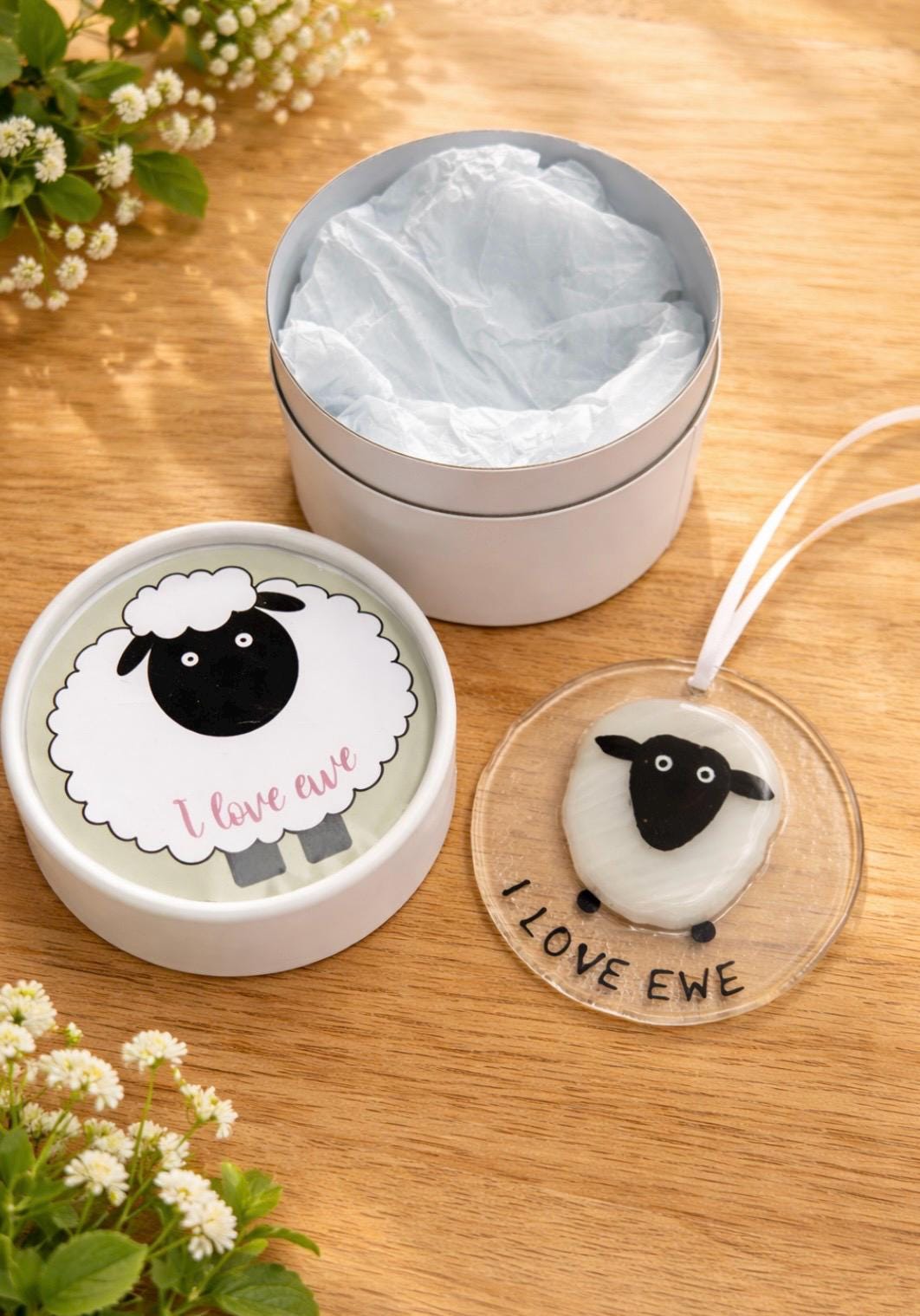 Fused Glass “I Love Ewe” Sheep Suncatcher – Handmade Gift