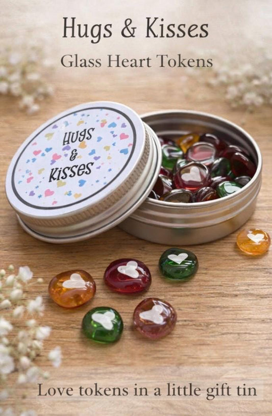 Hugs & Kisses gift, handmade fused glass hearts token in a tin, thinking of you keepsake