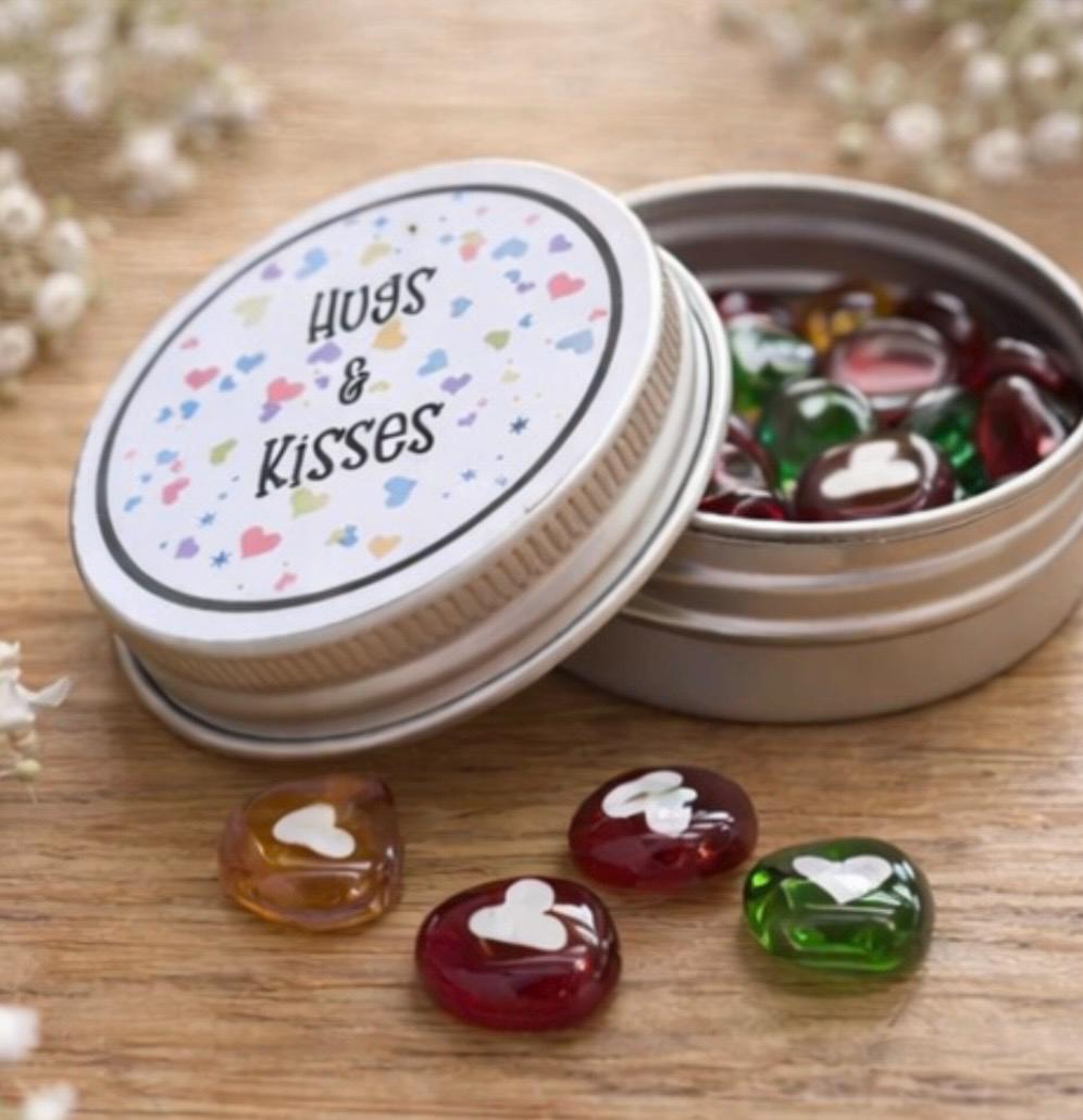 Thinking of you gift, handmade fused glass hearts token in a tin, a small keepsake