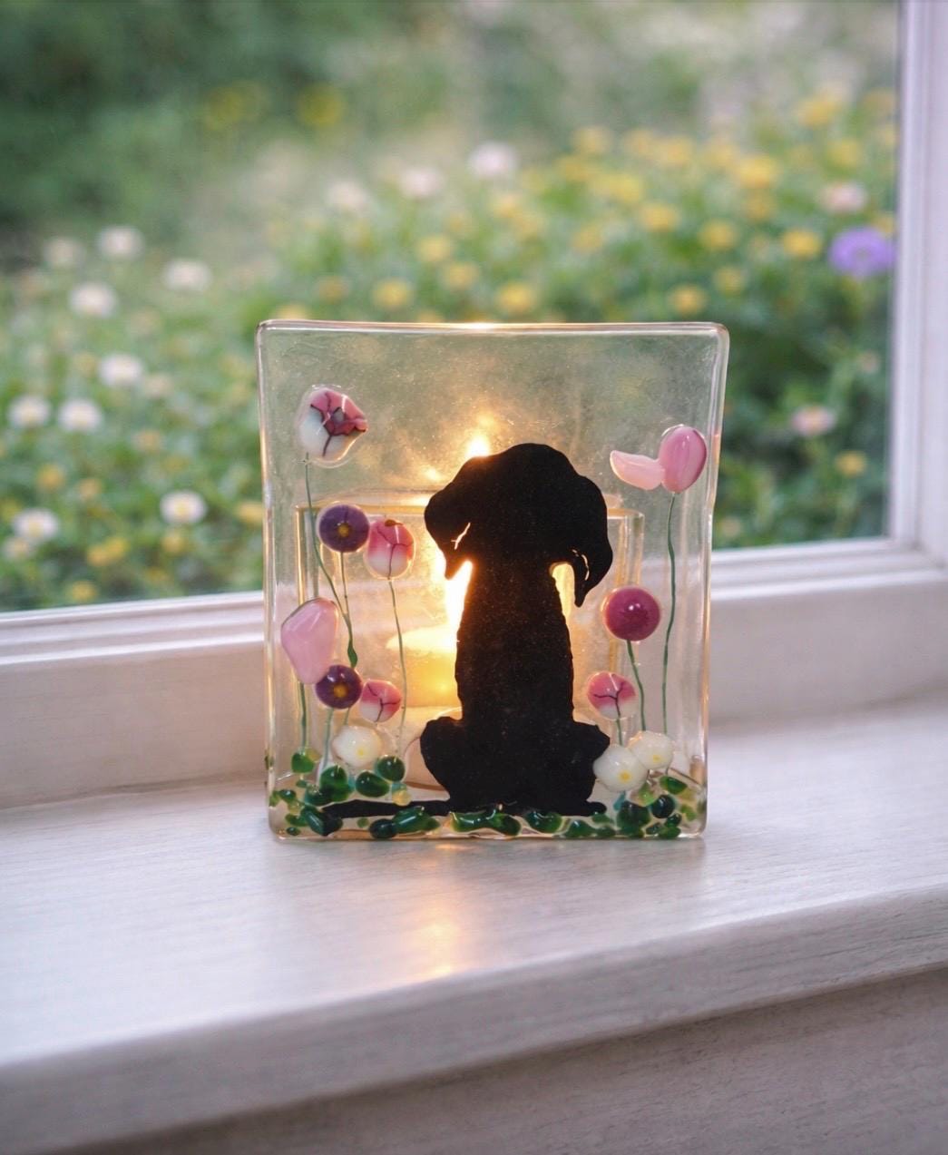 Fused Glass dog Tealight Holder – Handmade Floral Candle Gift – Ideal for Christmas & Birthdays