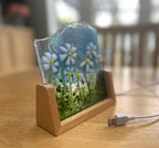 Floral fused glass Daisy panel on a light up stand