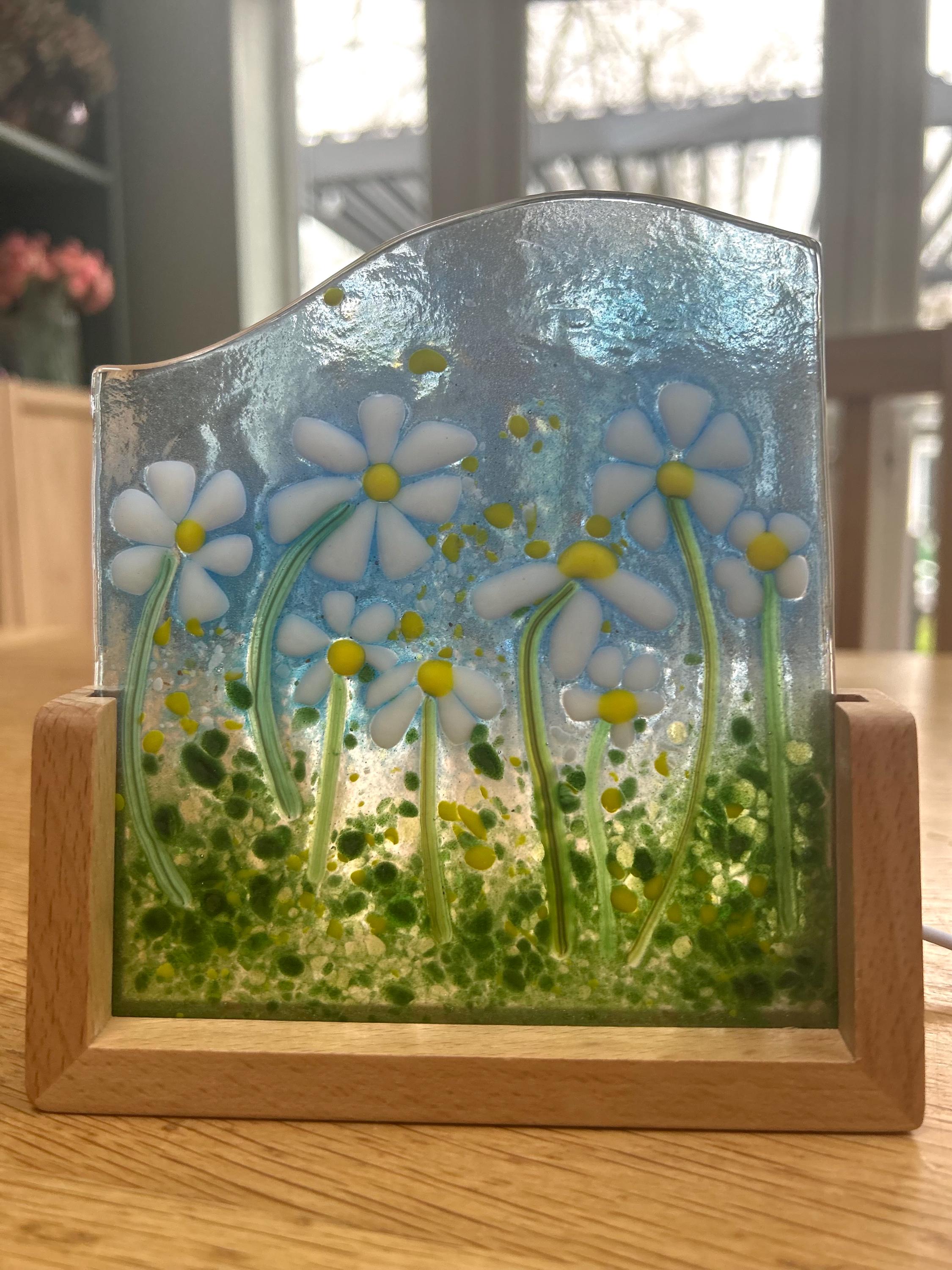 Floral fused glass Daisy panel on a light up stand