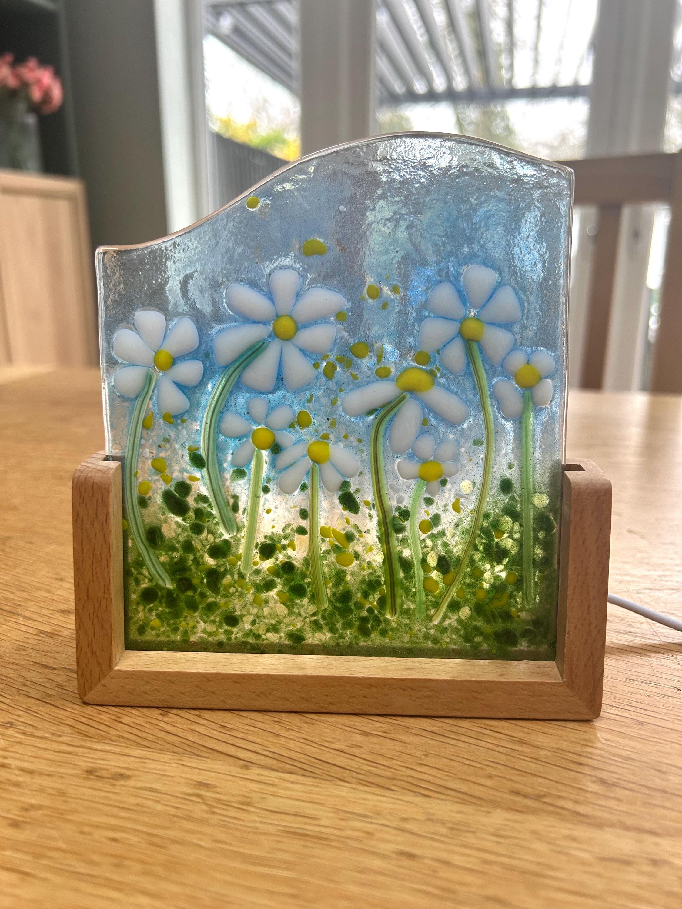 Floral fused glass Daisy panel on a light up stand