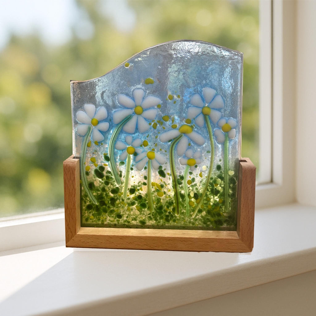Floral fused glass Daisy panel on a light up stand