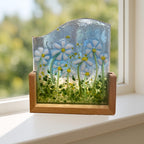Floral fused glass Daisy panel on a light up stand