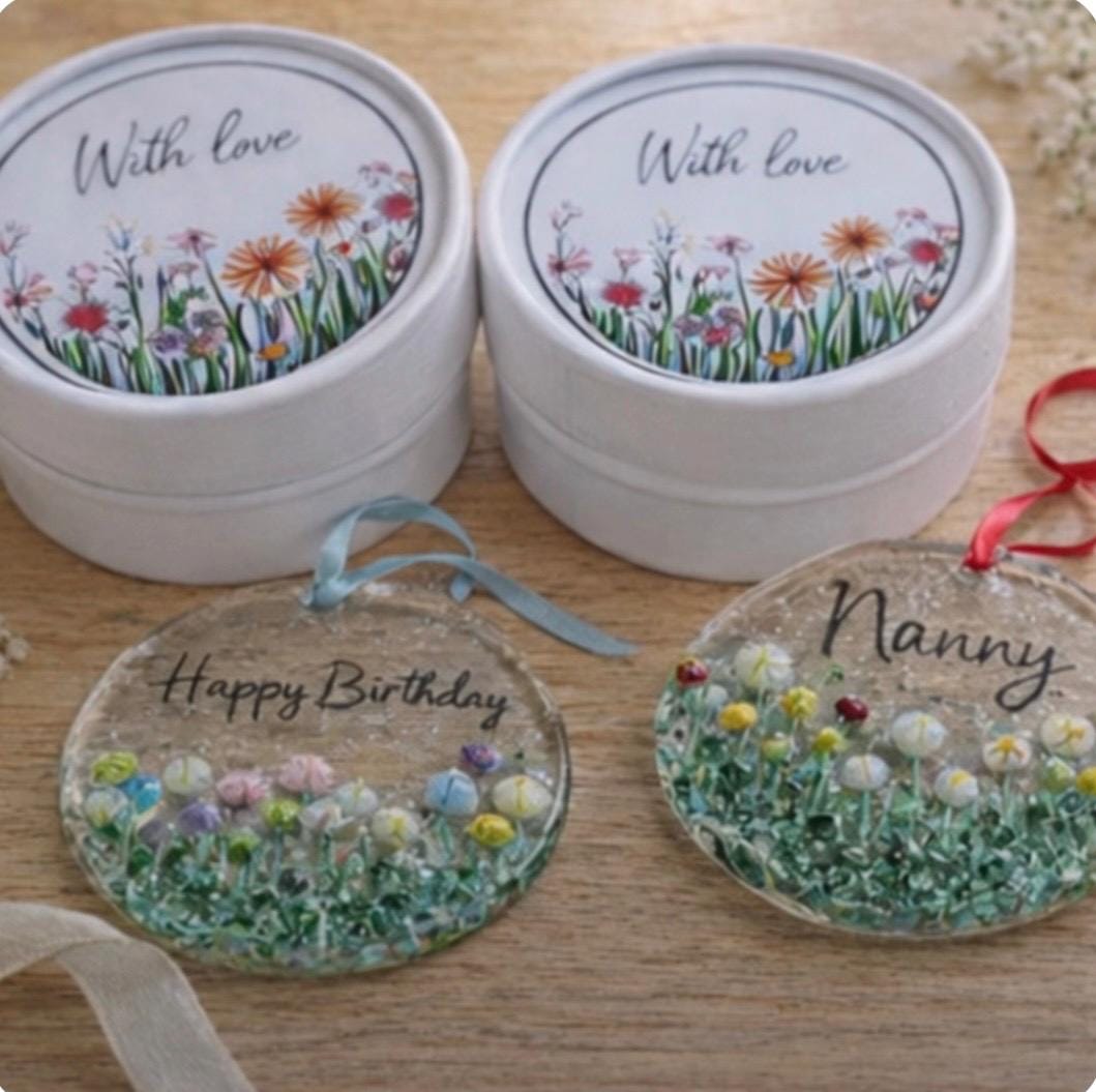 Personalised fused glass flower hanging, custom message glass keepsake, birthday, nanny, mum gift, handmade floral suncatcher
