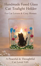 Cat Tealight Holder – Handmade Fused glass cat candle – Floral cat lover gift