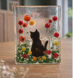 Cat Tealight Holder – Handmade Fused glass cat candle – Floral cat lover gift