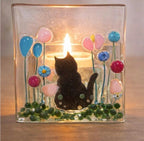 Cat Tealight Holder – Handmade Fused glass cat candle – Floral cat lover gift