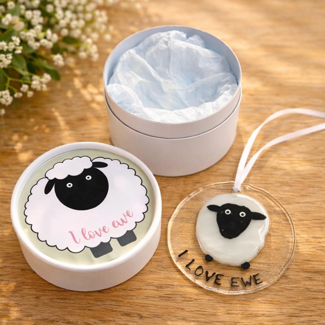 Fused Glass “I Love Ewe” Sheep Suncatcher – Handmade Gift