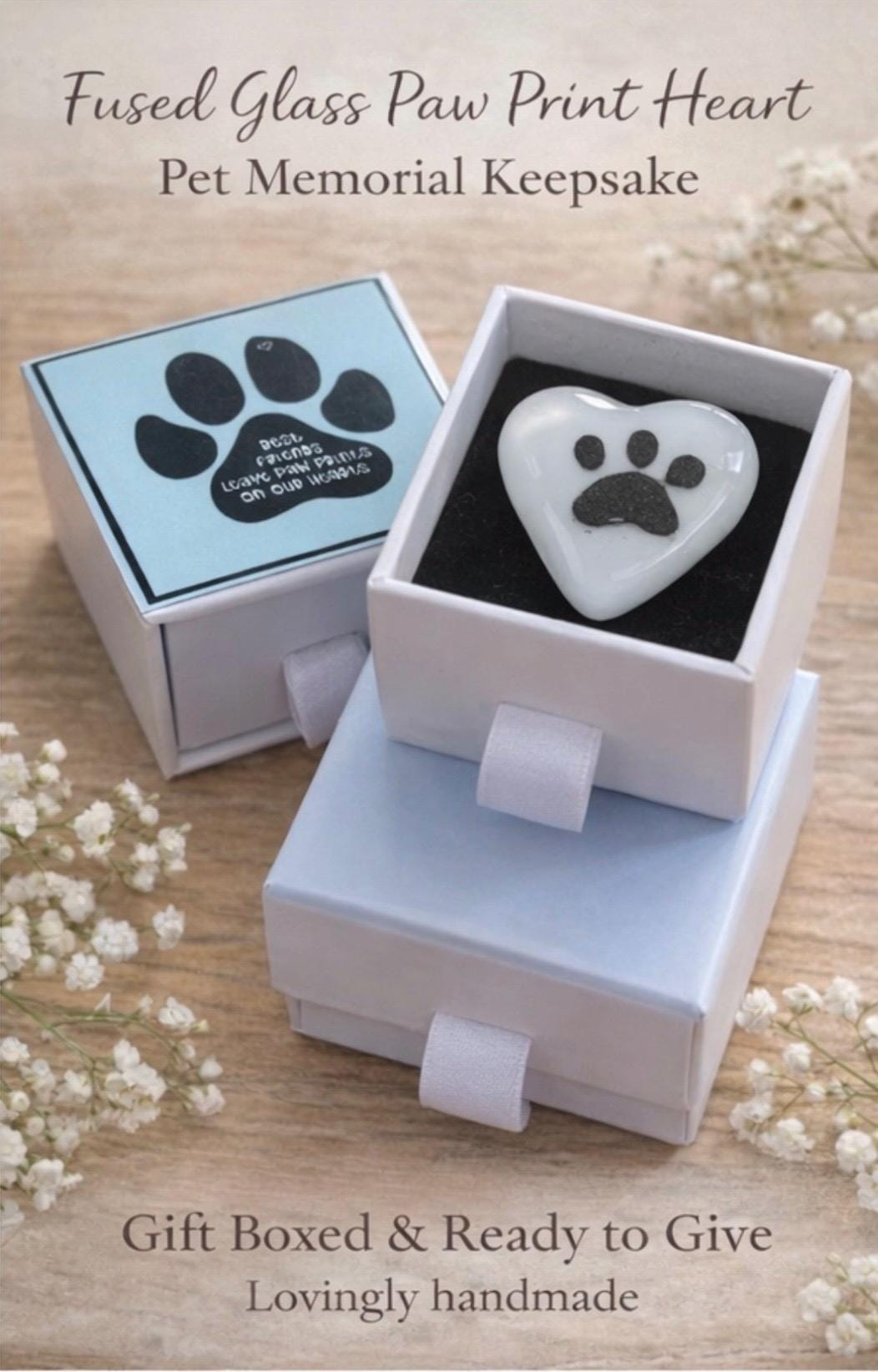 Fused Glass Paw Print Heart – Gift Boxed Keepsake.