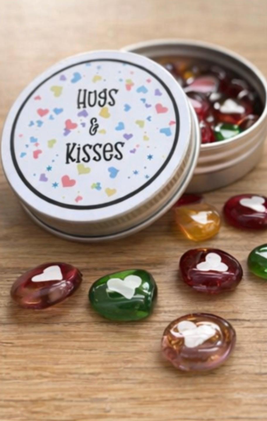 Hugs & Kisses gift, handmade fused glass hearts token in a tin, thinking of you keepsake