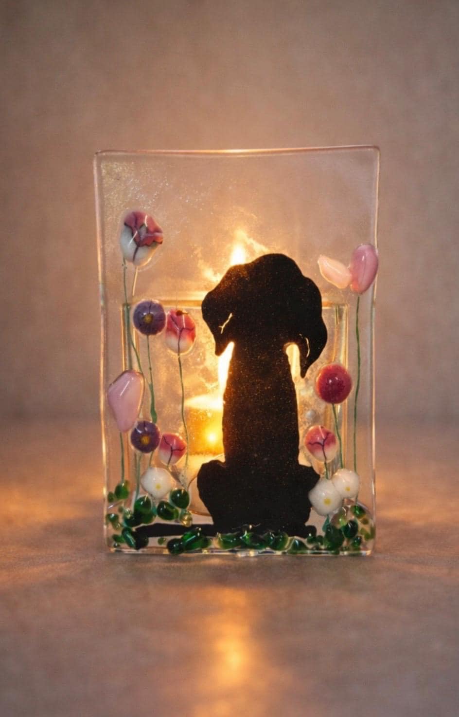 Fused Glass dog Tealight Holder – Handmade Floral Candle Gift – Ideal for Christmas & Birthdays