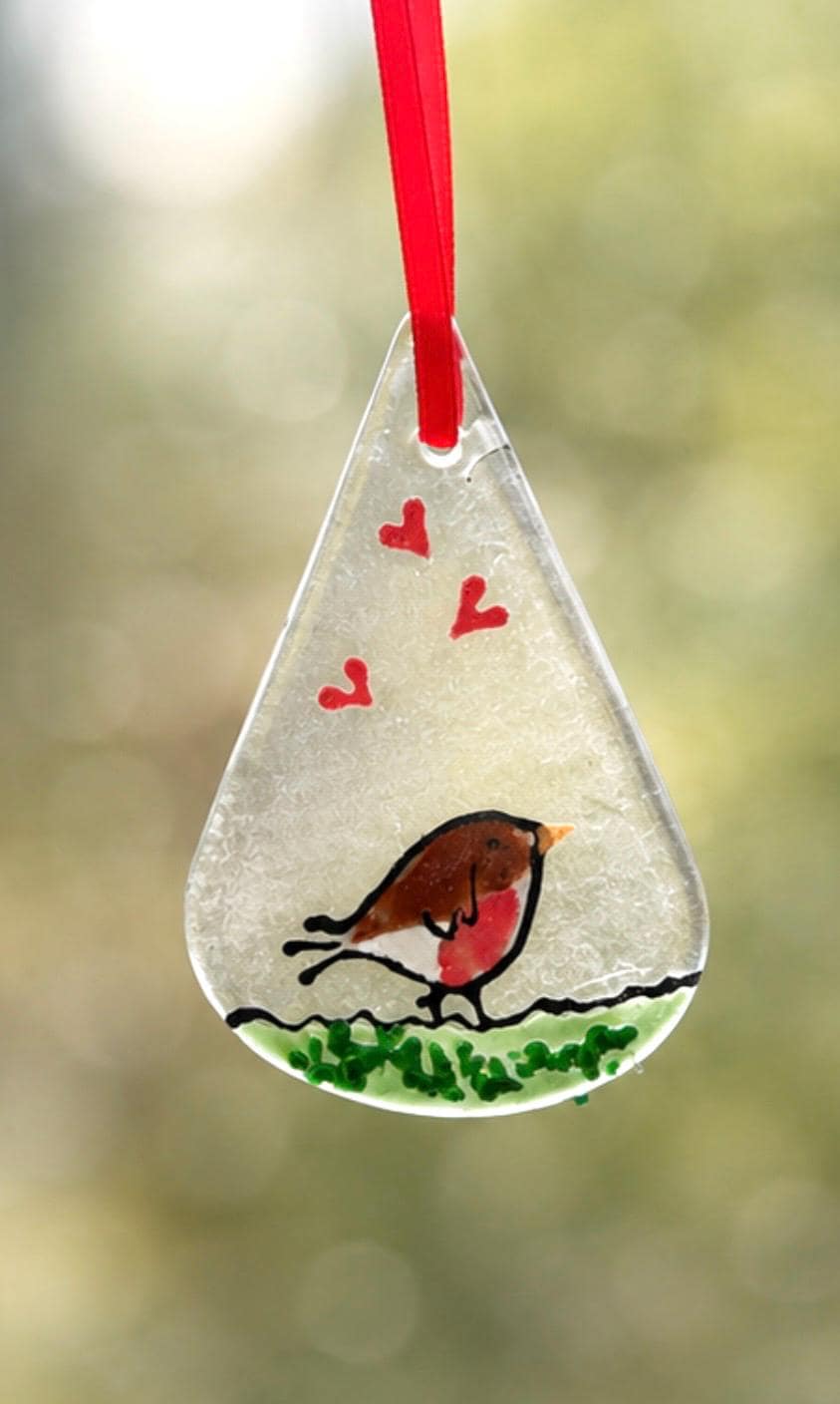 Handmade Fused Glass Robin Hanging Decoration