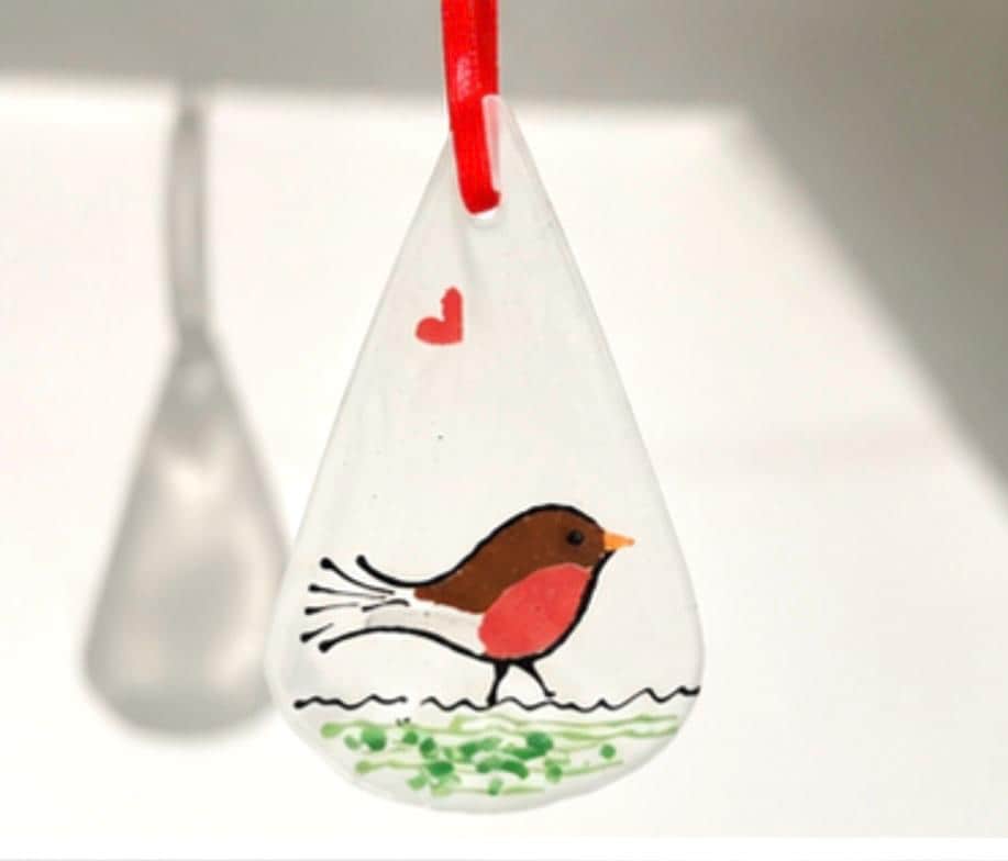 Handmade Fused Glass Robin Hanging Decoration