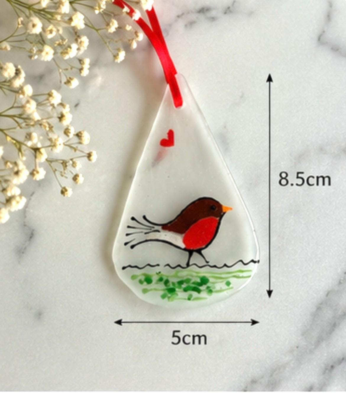 Handmade Fused Glass Robin Hanging Decoration