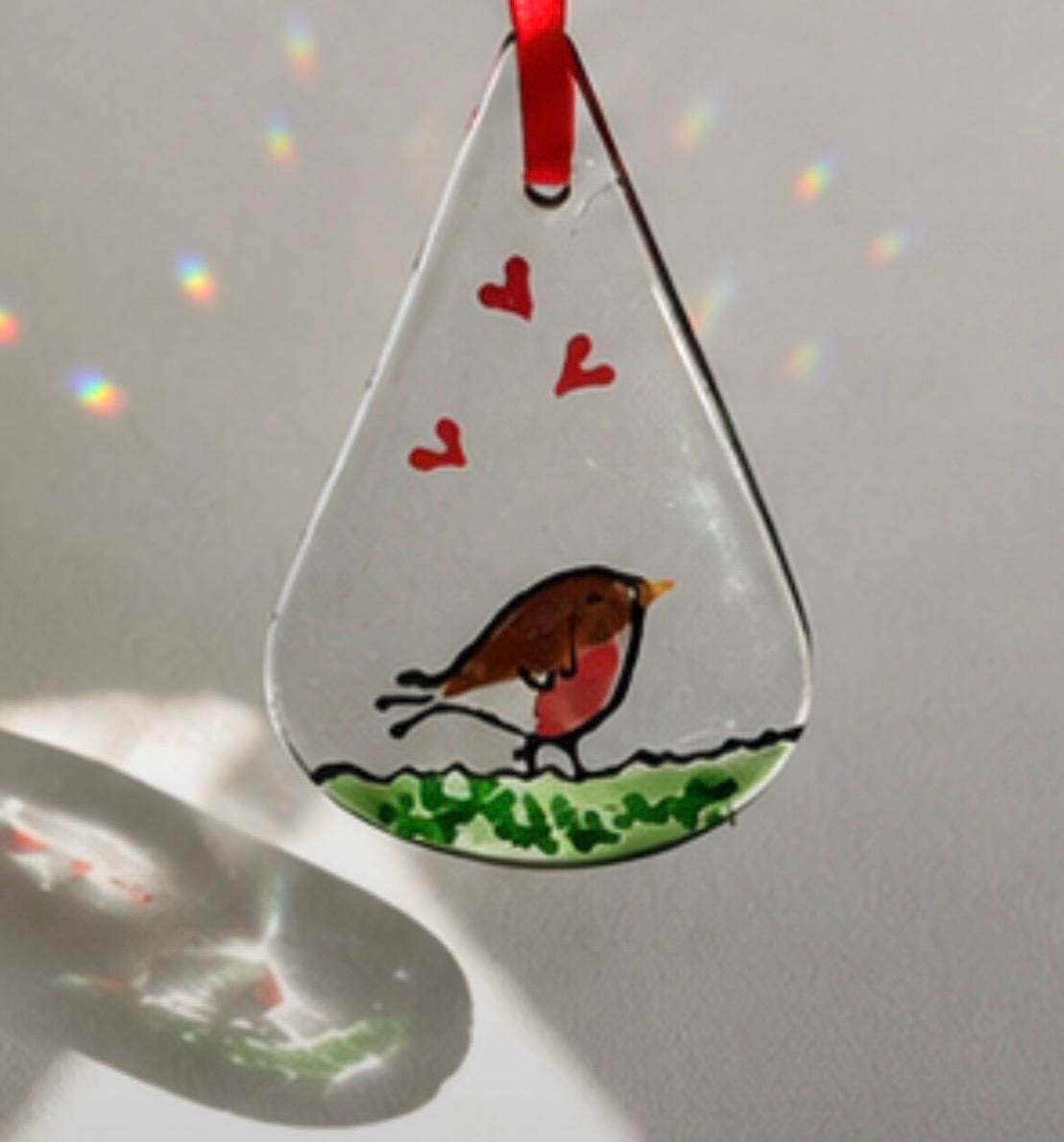 Handmade Fused Glass Robin Hanging Decoration
