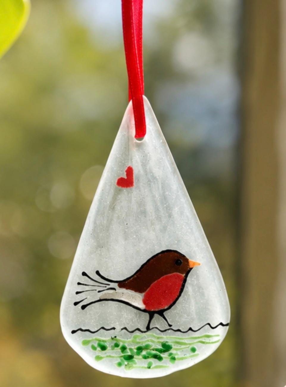 Handmade Fused Glass Robin Hanging Decoration